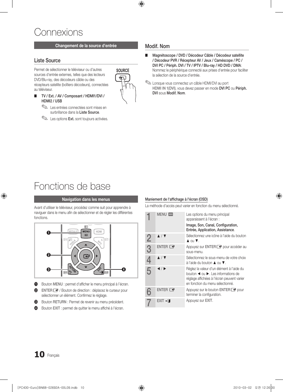 Connexions fonctions de base, Liste source, Modif. nom | Samsung PS50C430A1W User Manual | Page 50 / 361