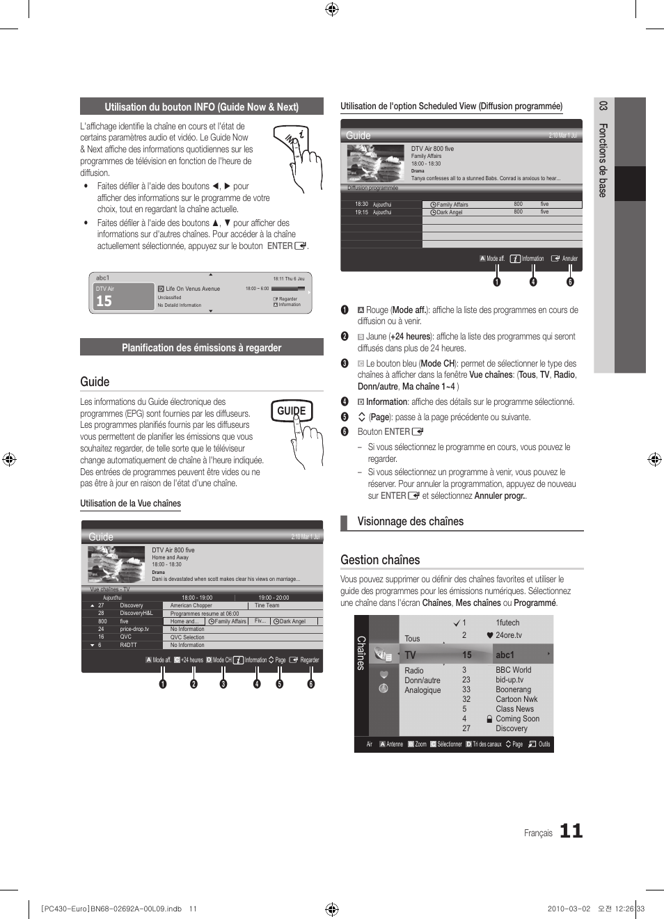 Guide, Gestion chaînes, Visionnage des chaînes | Planification des émissions à regarder, Chaînes | Samsung PS50C430A1W User Manual | Page 51 / 361