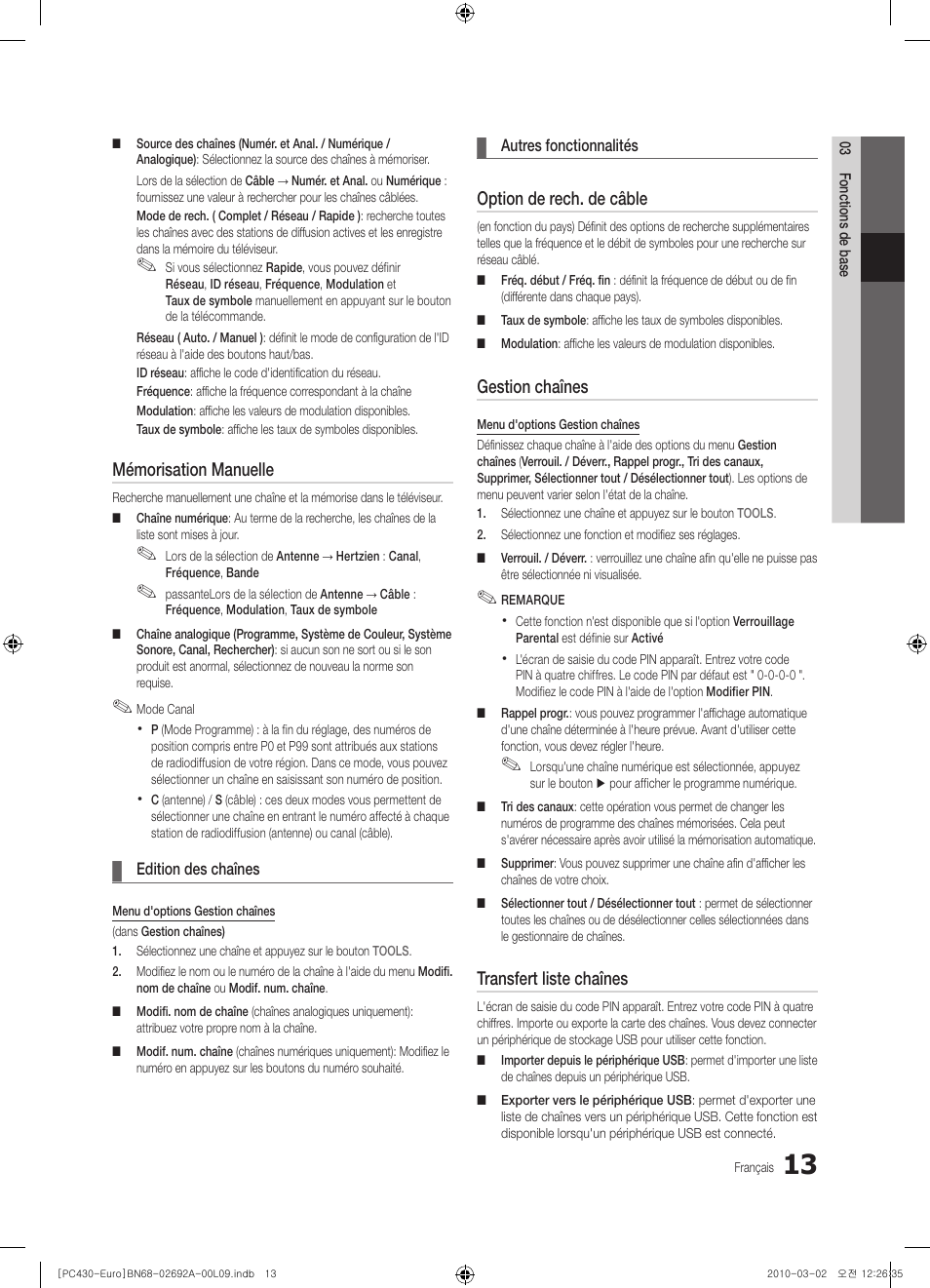 Mémorisation manuelle, Option de rech. de câble, Gestion chaînes | Transfert liste chaînes | Samsung PS50C430A1W User Manual | Page 53 / 361