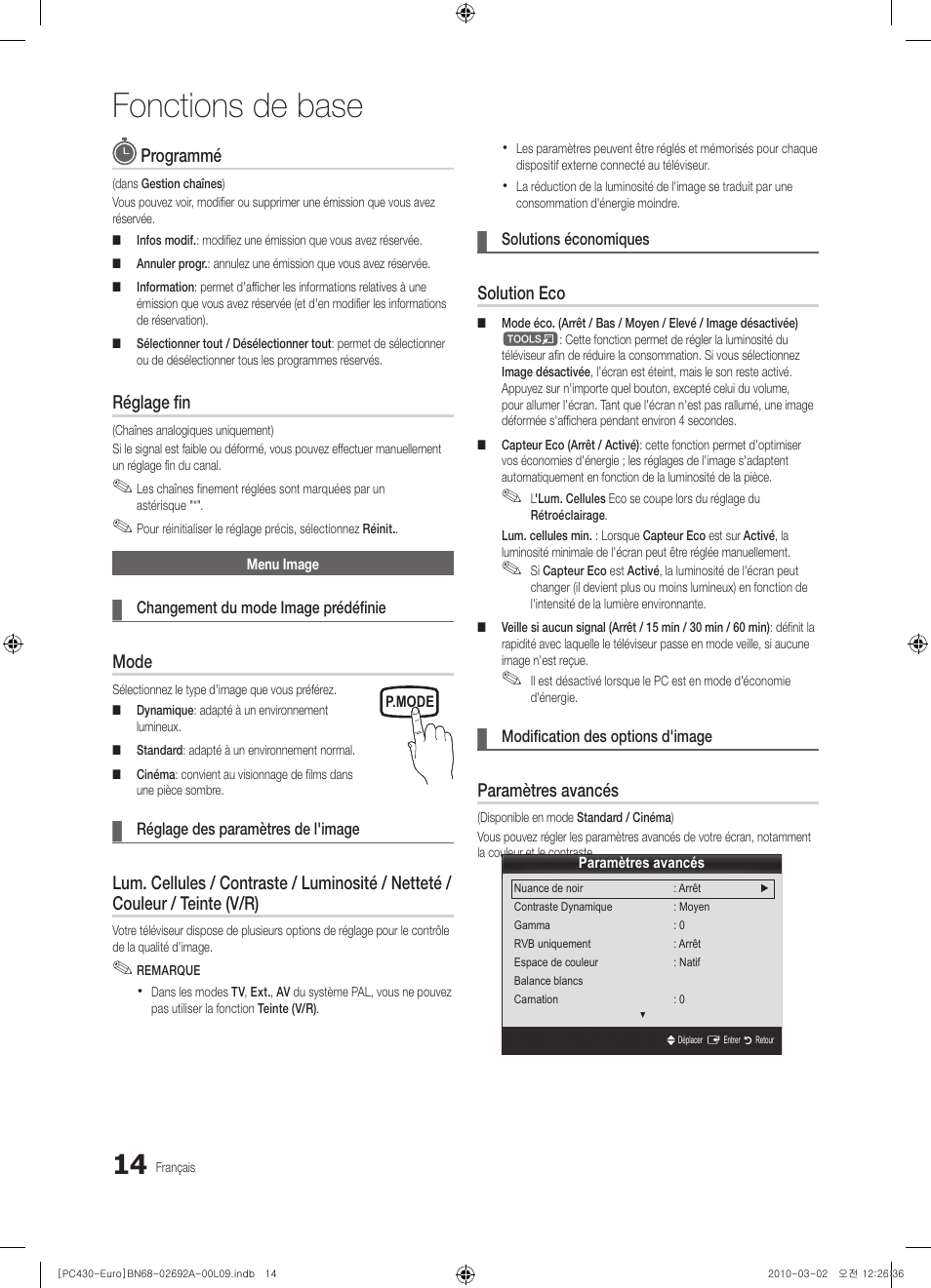 Fonctions de base, Programmé, Réglage fin | Mode, Solution eco, Paramètres avancés | Samsung PS50C430A1W User Manual | Page 54 / 361