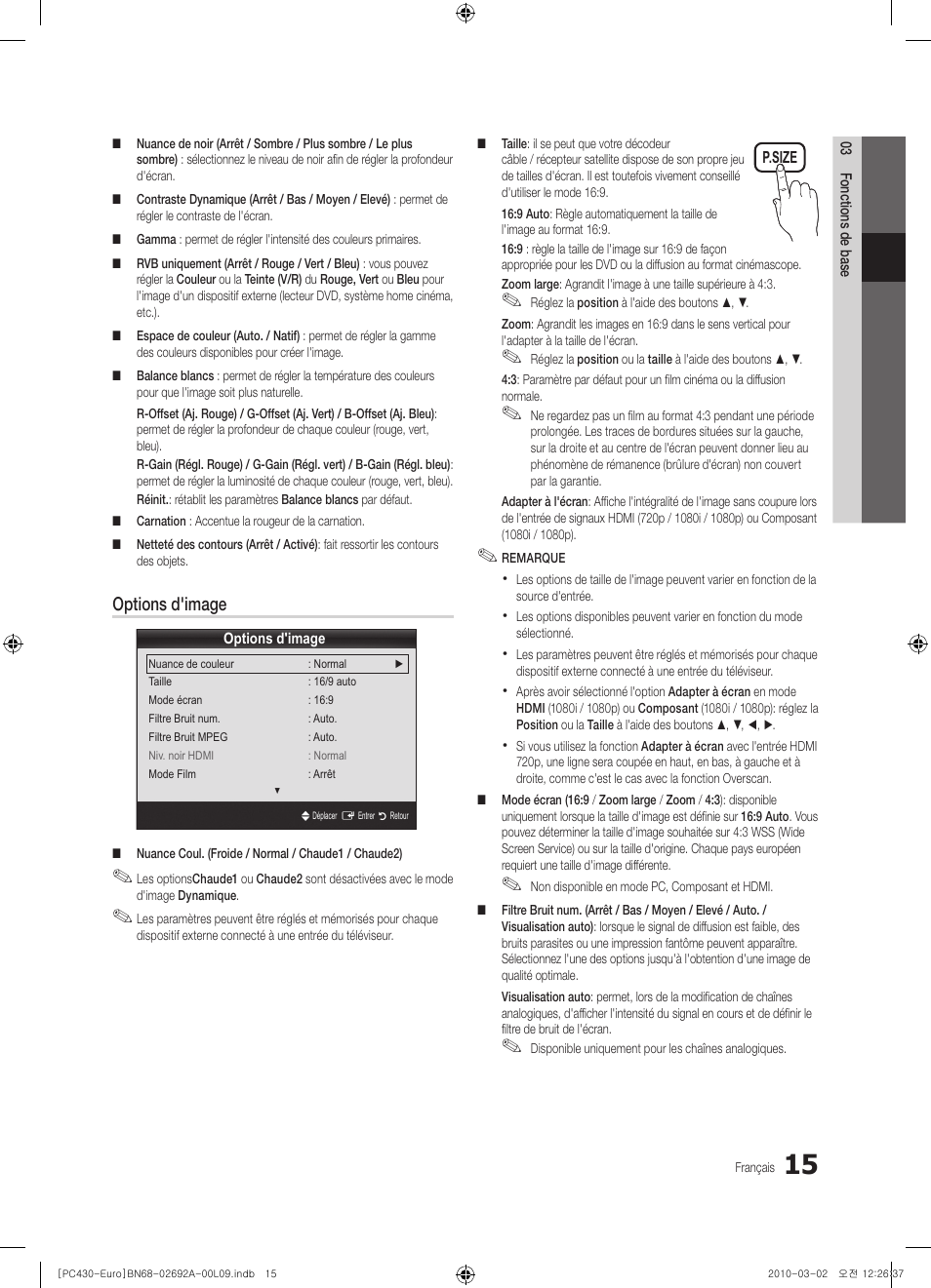 Options d'image | Samsung PS50C430A1W User Manual | Page 55 / 361