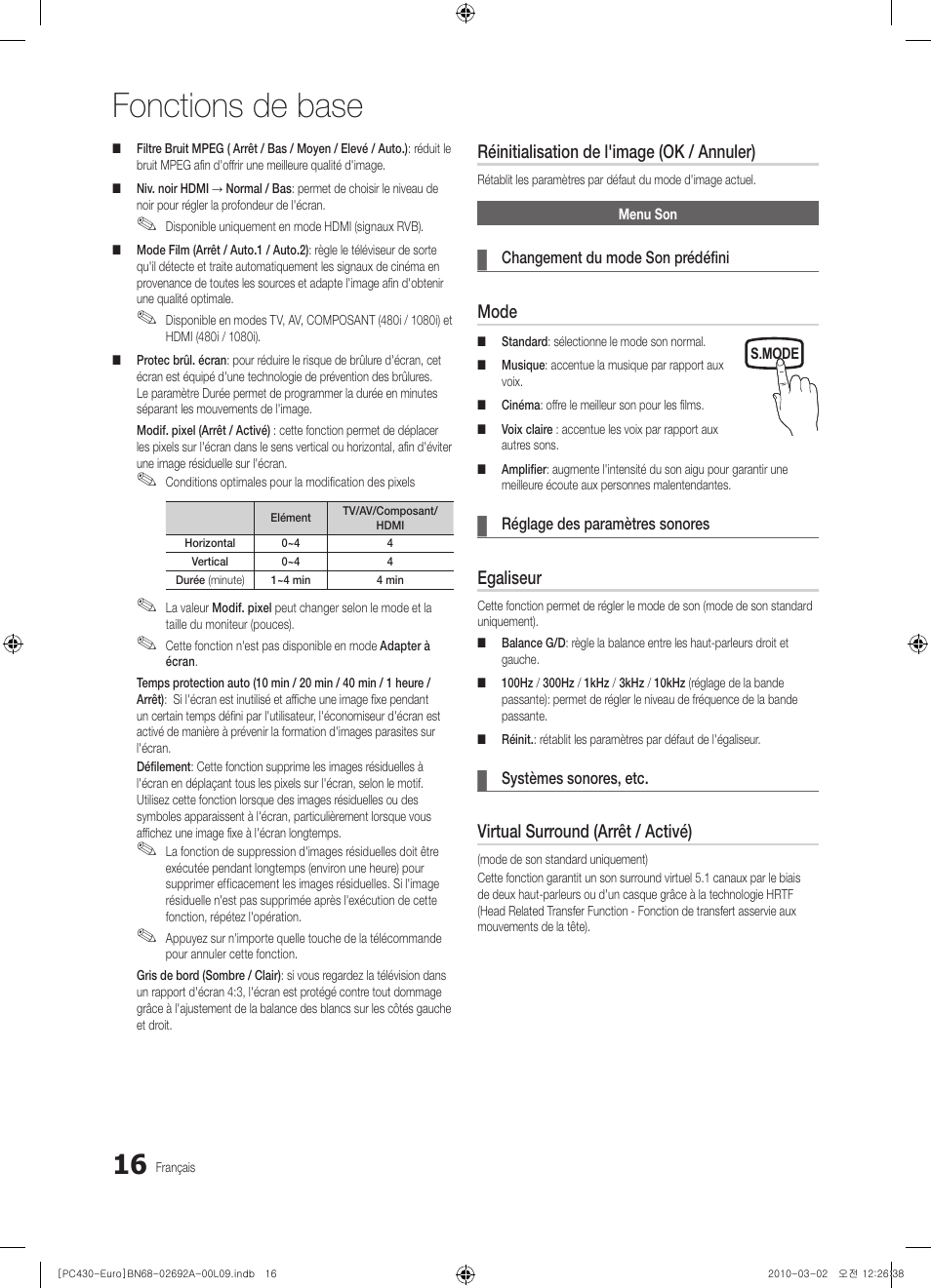 Fonctions de base, Réinitialisation de l'image (ok / annuler), Mode | Egaliseur, Virtual surround (arrêt / activé) | Samsung PS50C430A1W User Manual | Page 56 / 361