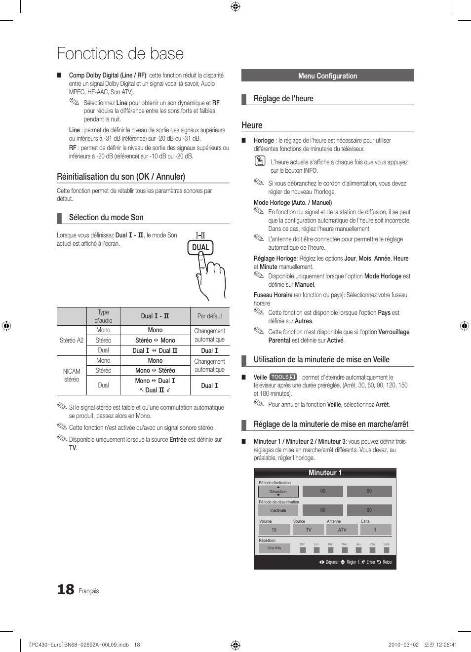 Fonctions de base, Réinitialisation du son (ok / annuler), Heure | Samsung PS50C430A1W User Manual | Page 58 / 361