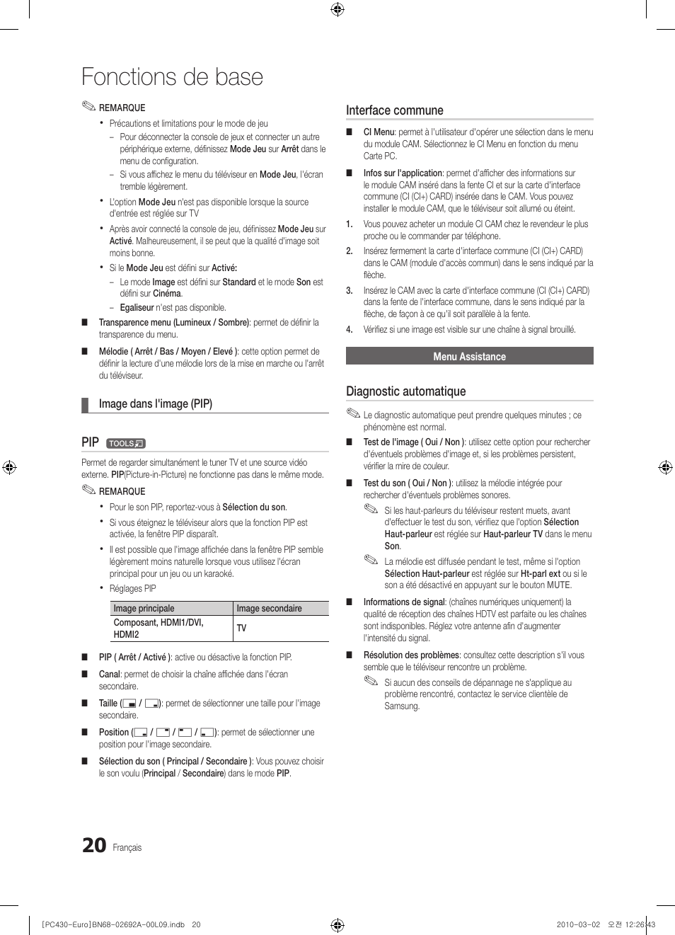 Fonctions de base, Interface commune, Diagnostic automatique | Samsung PS50C430A1W User Manual | Page 60 / 361