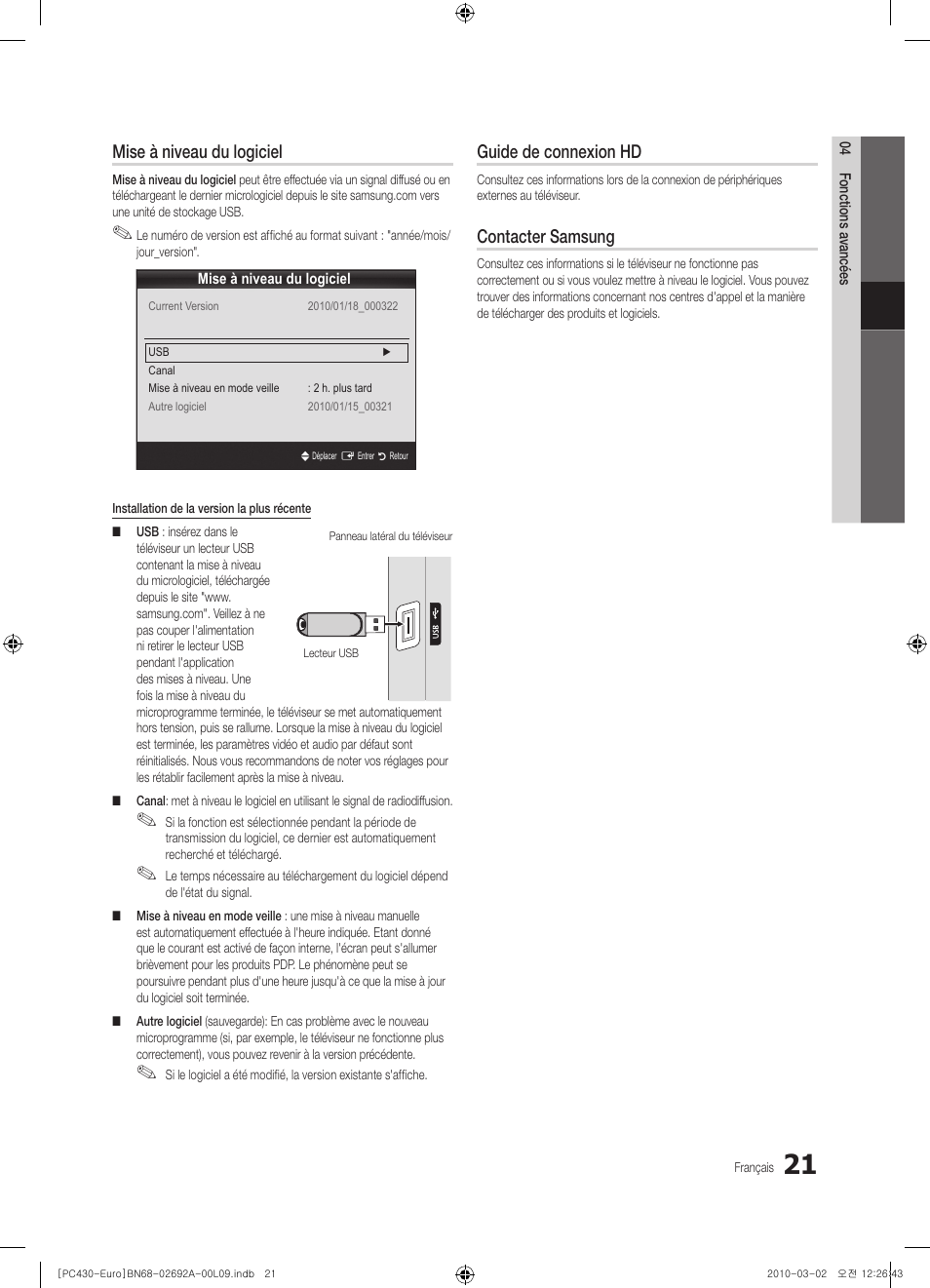 Mise à niveau du logiciel, Guide de connexion hd, Contacter samsung | Samsung PS50C430A1W User Manual | Page 61 / 361