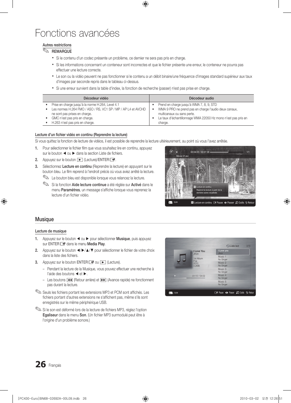 Fonctions avancées, Musique | Samsung PS50C430A1W User Manual | Page 66 / 361