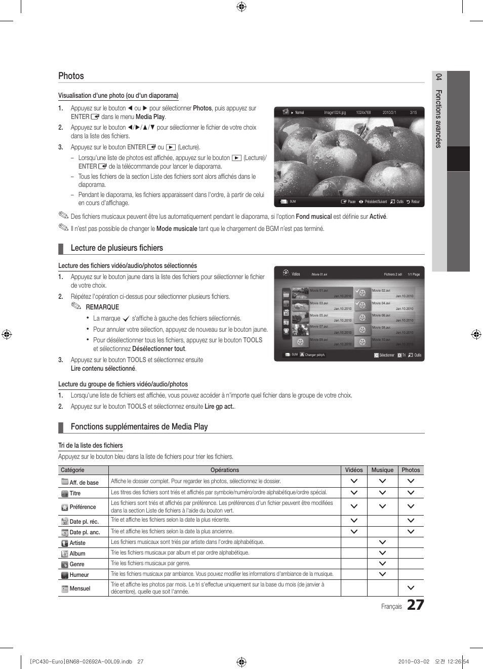 Photos, Lecture de plusieurs fichiers, Fonctions supplémentaires de media play | Samsung PS50C430A1W User Manual | Page 67 / 361