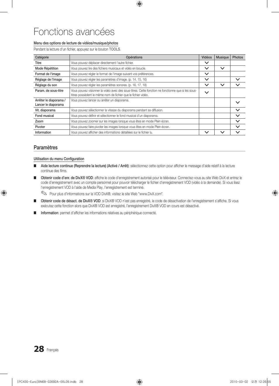 Fonctions avancées, Paramètres | Samsung PS50C430A1W User Manual | Page 68 / 361