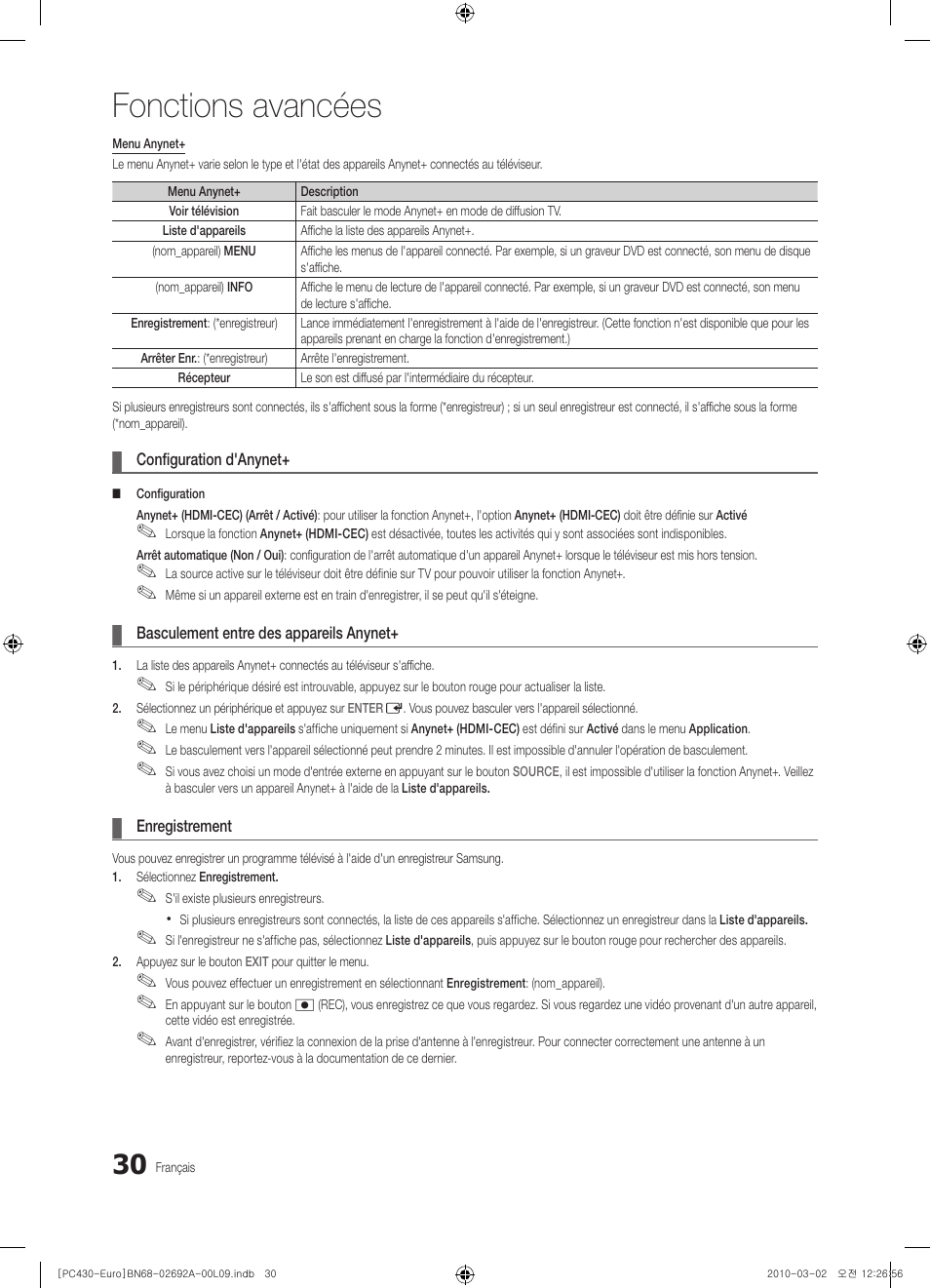 Fonctions avancées | Samsung PS50C430A1W User Manual | Page 70 / 361