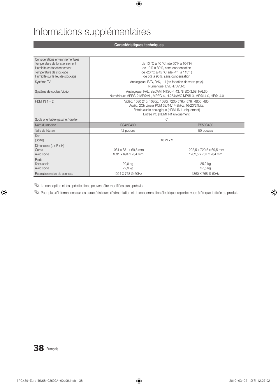 Informations supplémentaires | Samsung PS50C430A1W User Manual | Page 78 / 361