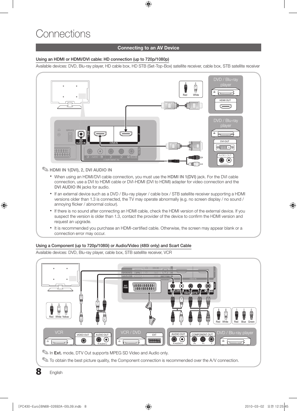 Connections, Connecting to an av device | Samsung PS50C430A1W User Manual | Page 8 / 361