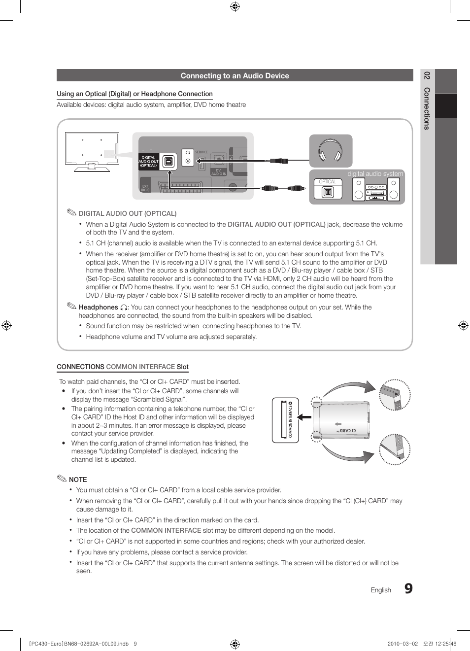 Connecting to an audio device | Samsung PS50C430A1W User Manual | Page 9 / 361