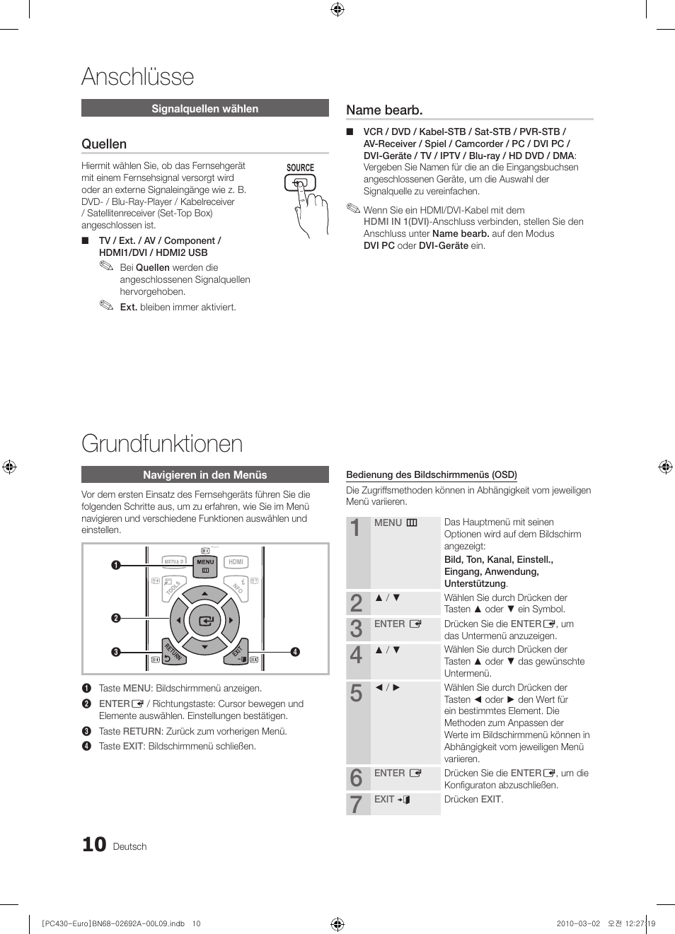 Anschlüsse grundfunktionen, Quellen, Name bearb | Samsung PS50C430A1W User Manual | Page 90 / 361