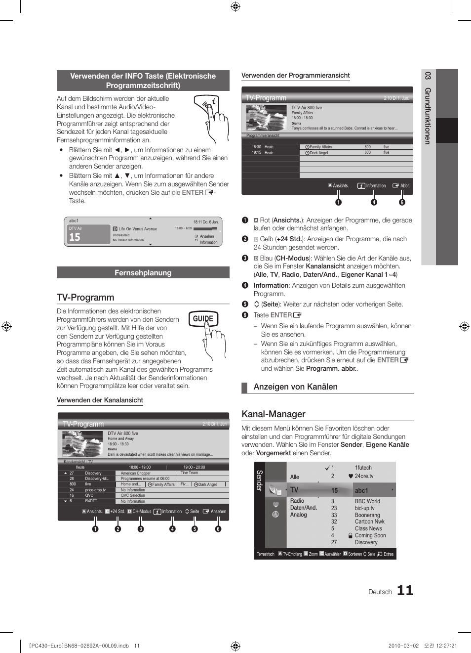 Tv-programm, Kanal-manager, Anzeigen von kanälen | Guide, Fernsehplanung, Sender | Samsung PS50C430A1W User Manual | Page 91 / 361