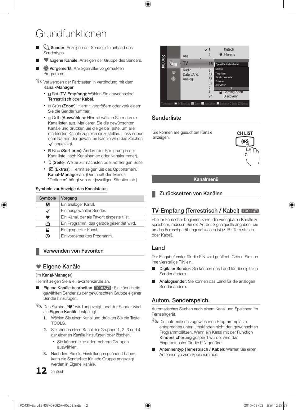 Grundfunktionen, Eigene kanäle, Senderliste | Tv-empfang (terrestrisch / kabel), Land, Autom. senderspeich | Samsung PS50C430A1W User Manual | Page 92 / 361