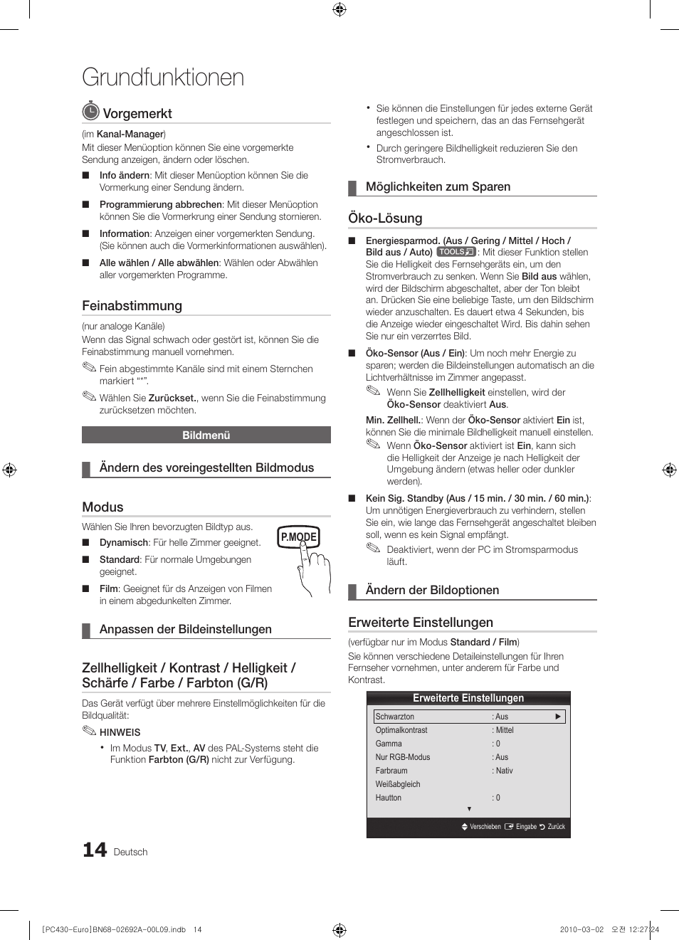 Grundfunktionen, Vorgemerkt, Feinabstimmung | Modus, Öko-lösung, Erweiterte einstellungen | Samsung PS50C430A1W User Manual | Page 94 / 361