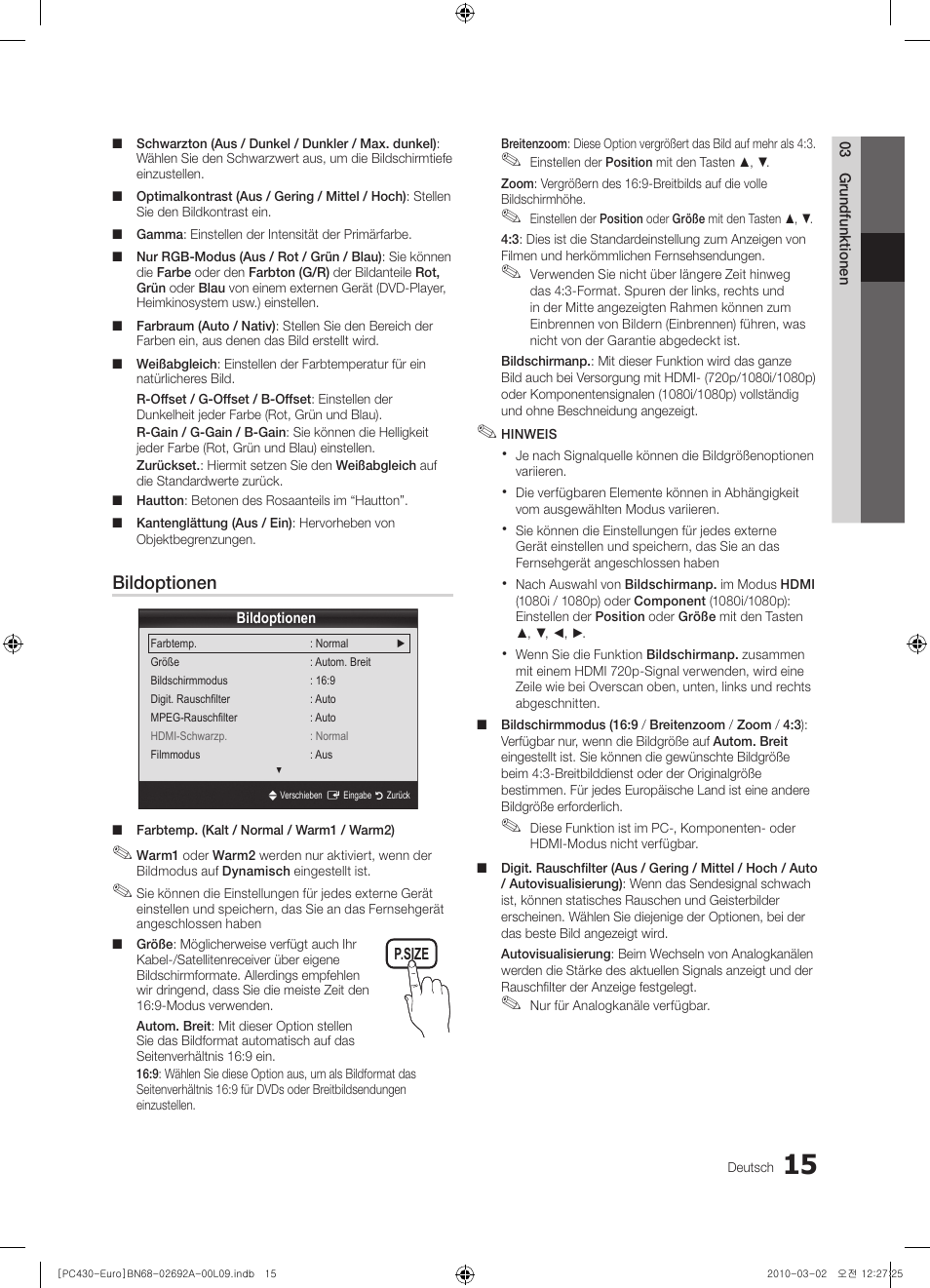 Bildoptionen | Samsung PS50C430A1W User Manual | Page 95 / 361