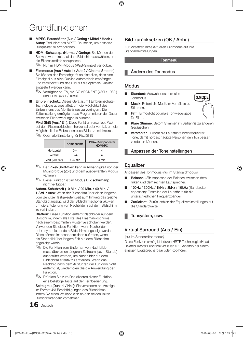 Grundfunktionen, Bild zurücksetzen (ok / abbr.), Modus | Equalizer, Virtual surround (aus / ein) | Samsung PS50C430A1W User Manual | Page 96 / 361