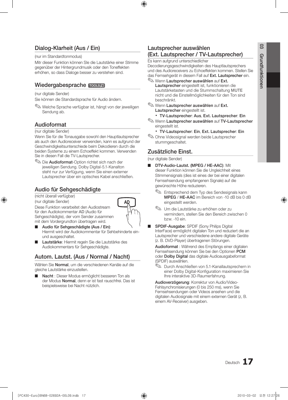 Dialog-klarheit (aus / ein), Wiedergabesprache, Audioformat | Audio für sehgeschädigte, Autom. lautst. (aus / normal / nacht), Zusätzliche einst | Samsung PS50C430A1W User Manual | Page 97 / 361