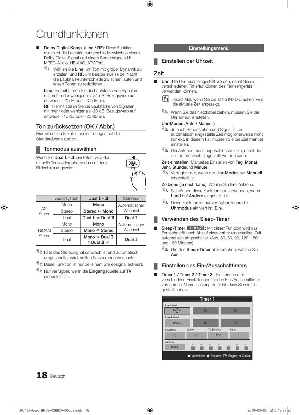 Grundfunktionen, Ton zurücksetzen (ok / abbr.), Zeit | Samsung PS50C430A1W User Manual | Page 98 / 361