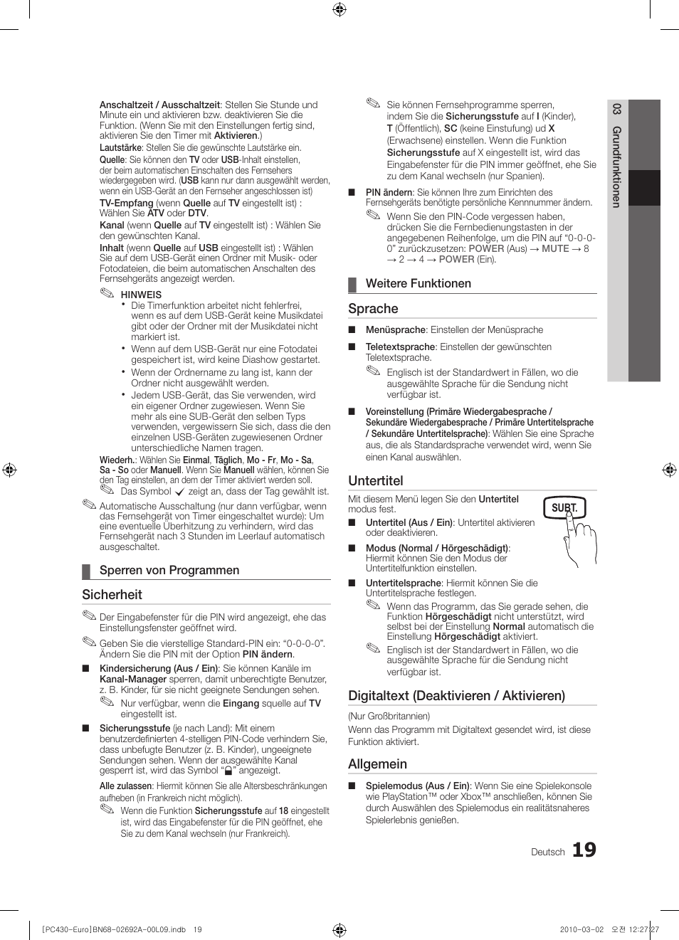 Sicherheit, Sprache, Untertitel | Digitaltext (deaktivieren / aktivieren), Allgemein | Samsung PS50C430A1W User Manual | Page 99 / 361