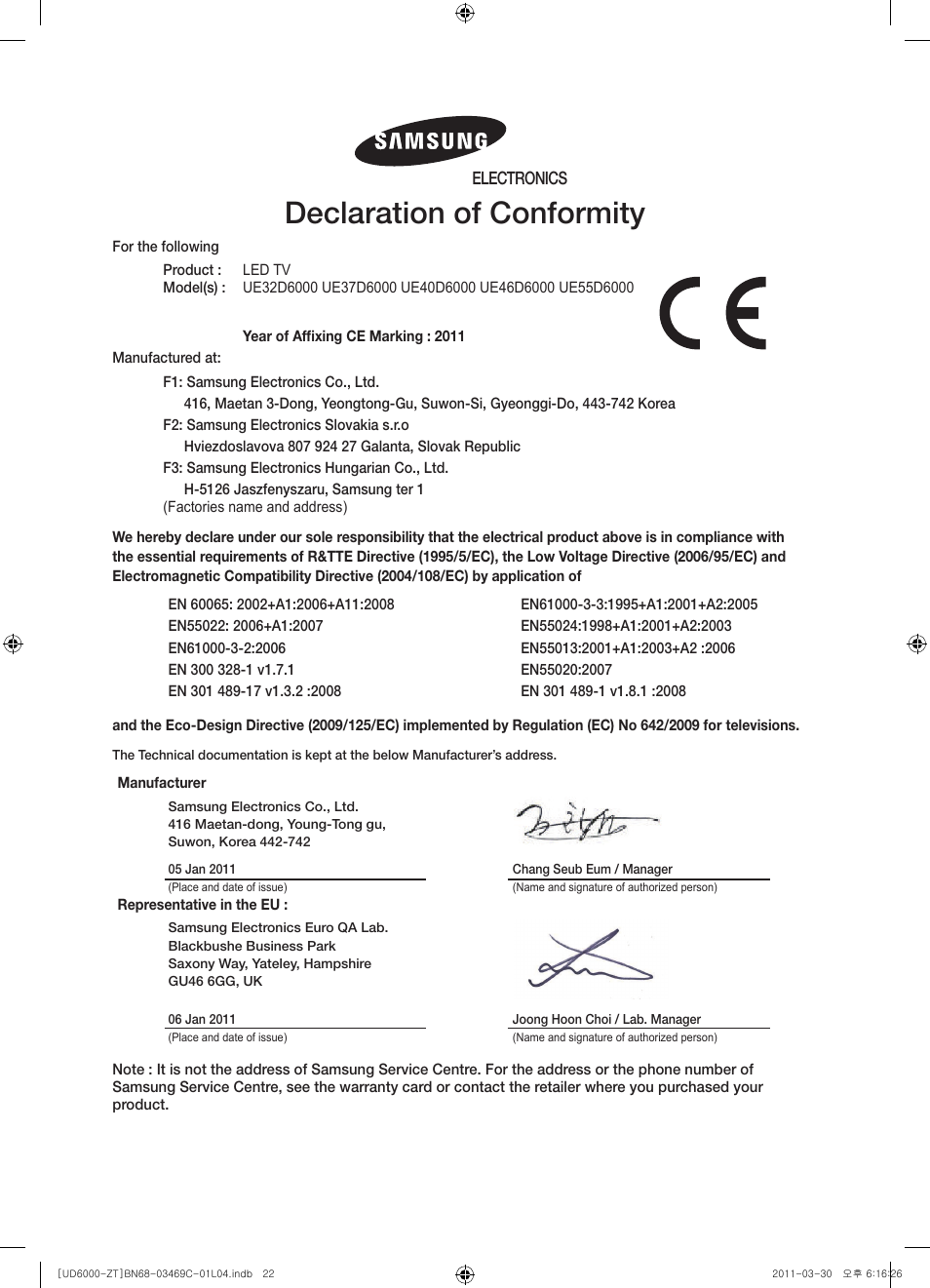 Declaration of conformity, Electronics | Samsung UE46D6000TP User Manual | Page 22 / 86