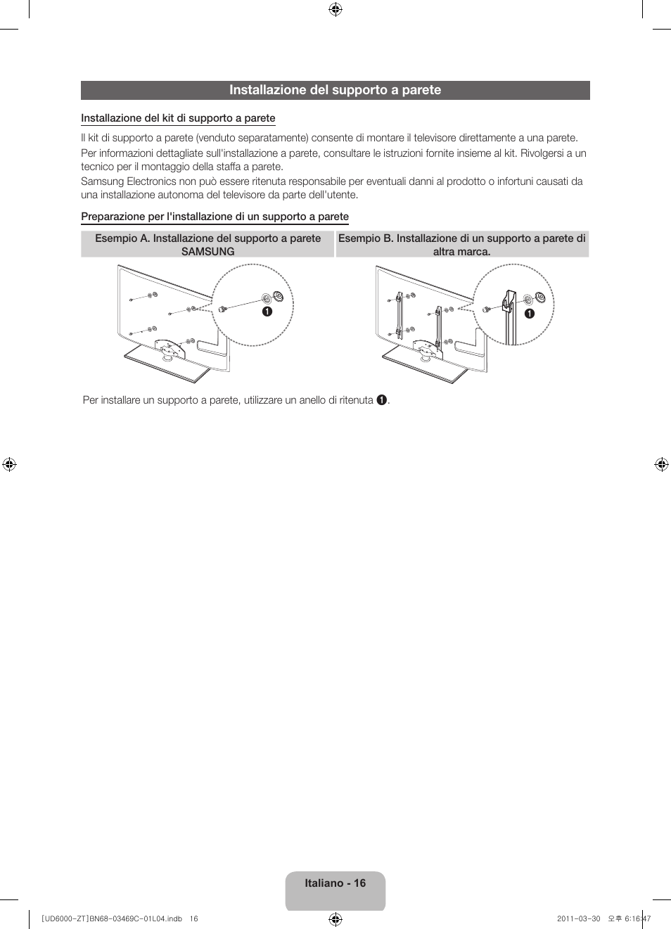 Installazione del supporto a parete | Samsung UE46D6000TP User Manual | Page 38 / 86