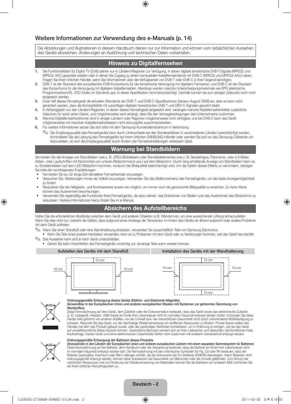 Hinweis zu digitalfernsehen, Warnung bei standbildern, Absichern des aufstellbereichs | Samsung UE46D6000TP User Manual | Page 46 / 86