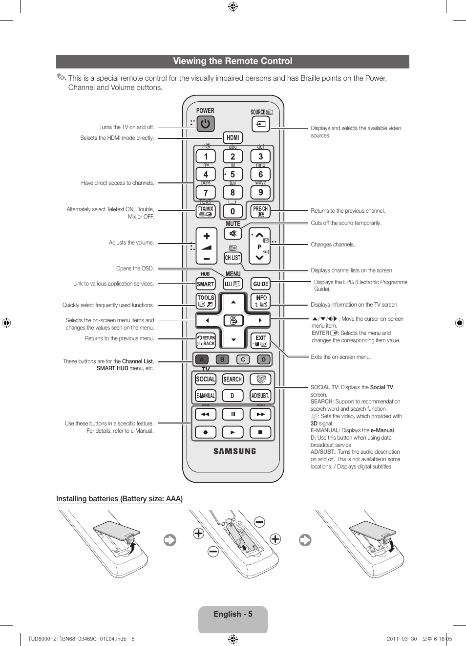 Viewing the remote control | Samsung UE46D6000TP User Manual | Page 5 / 86