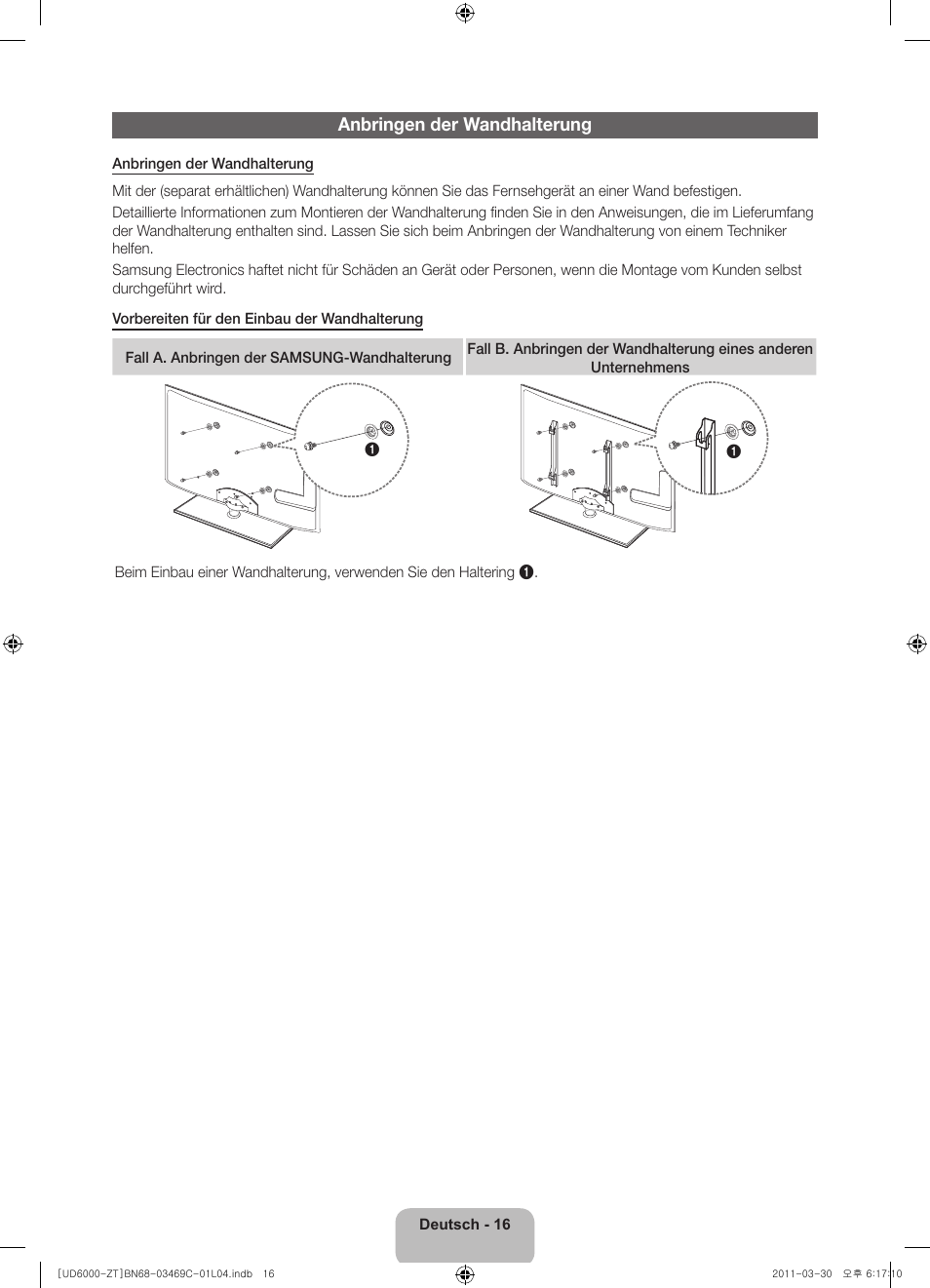 Anbringen der wandhalterung | Samsung UE46D6000TP User Manual | Page 60 / 86