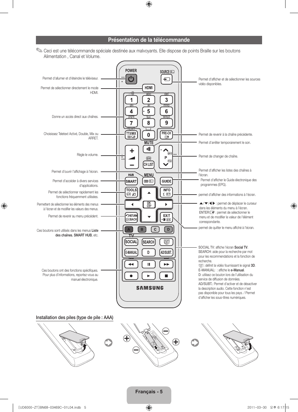 Présentation de la télécommande | Samsung UE46D6000TP User Manual | Page 69 / 86