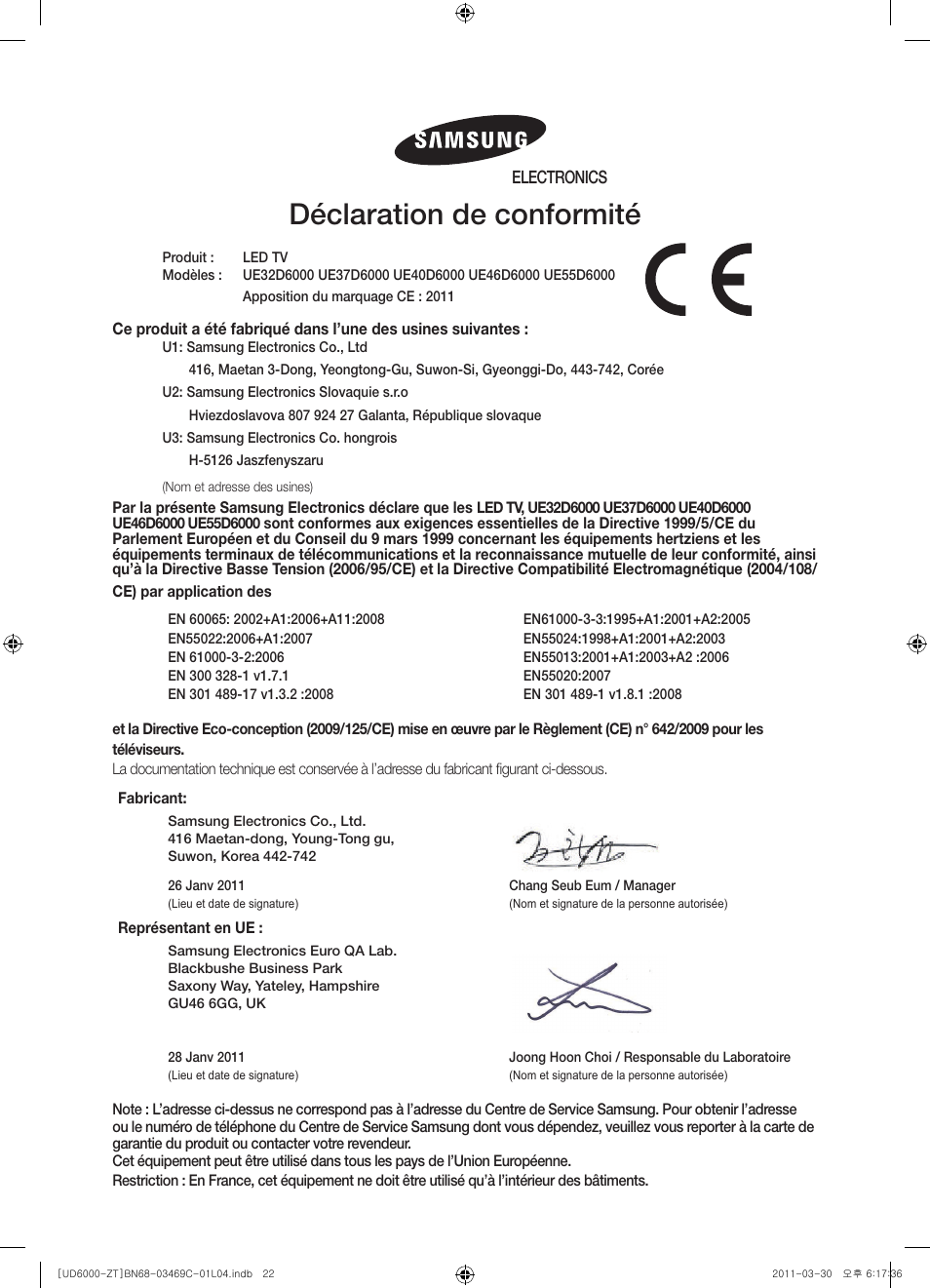 Déclaration de conformité | Samsung UE46D6000TP User Manual | Page 86 / 86