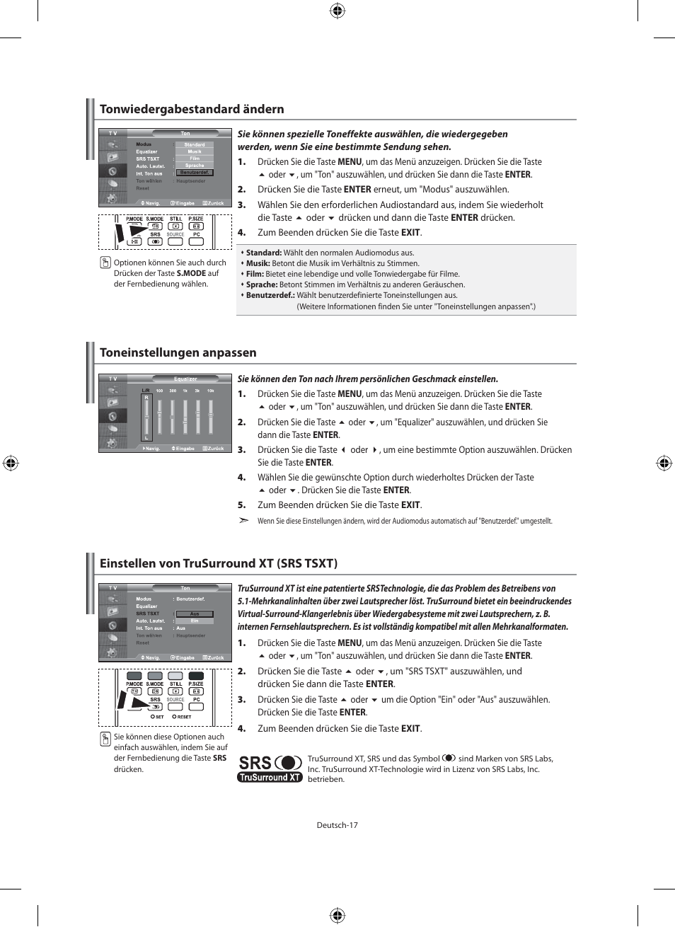 Tonwiedergabestandard ändern, Toneinstellungen anpassen, Einstellen von trusurround xt (srs tsxt) | Samsung LE46N71B User Manual | Page 107 / 313