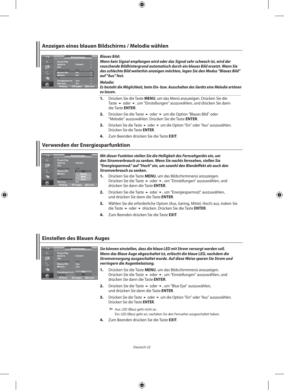 Anzeigen eines blauen bildschirms / melodie wählen, Verwenden der energiesparfunktion, Einstellen des blauen auges | Samsung LE46N71B User Manual | Page 112 / 313