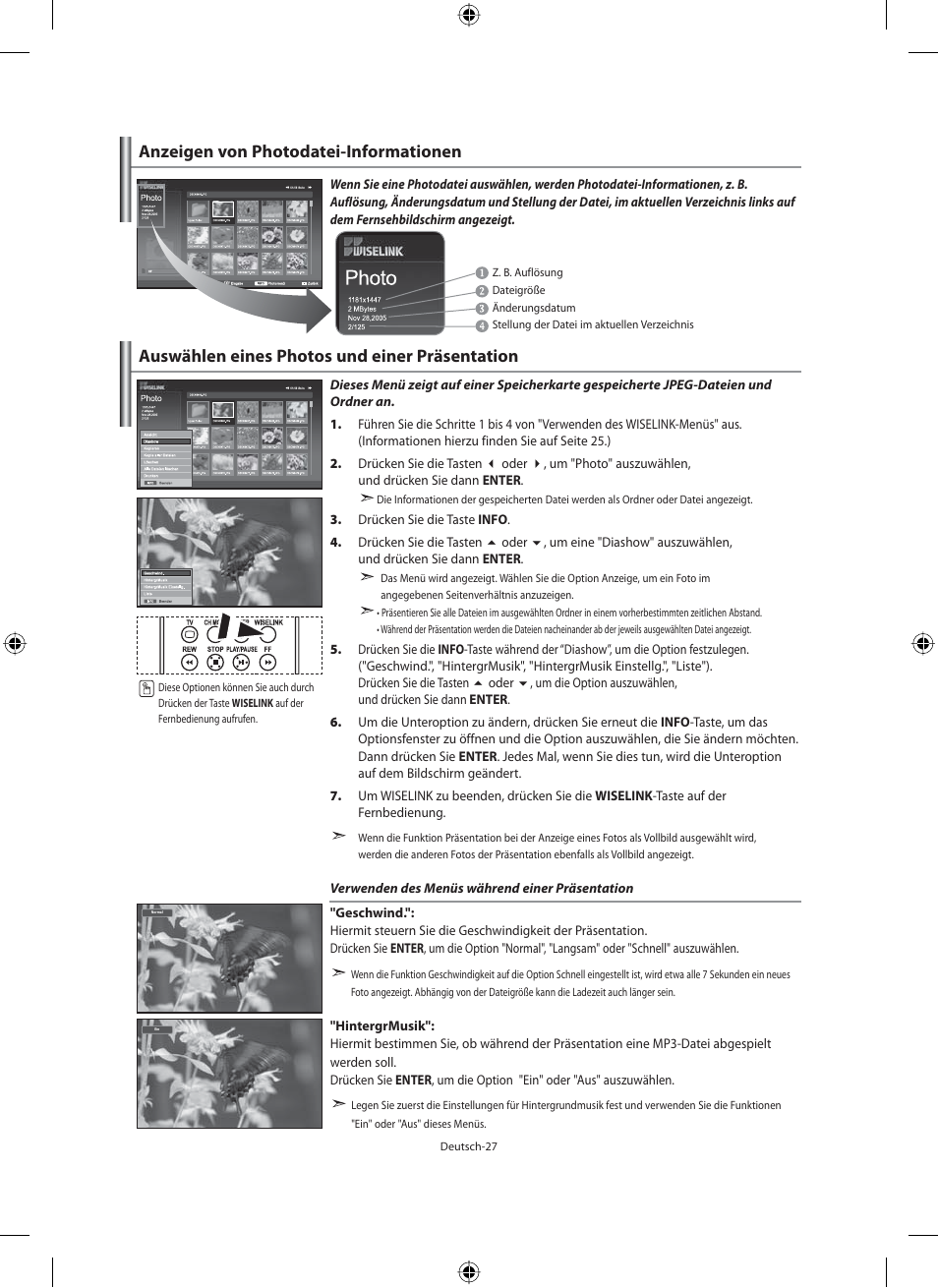Auswählen eines photos und einer präsentation, Anzeigen von photodatei-informationen | Samsung LE46N71B User Manual | Page 117 / 313