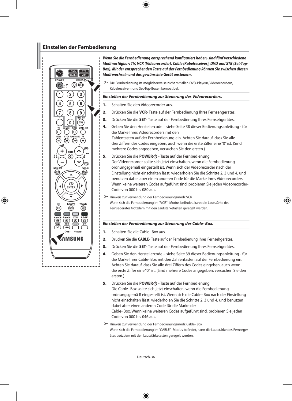 Einstellen der fernbedienung | Samsung LE46N71B User Manual | Page 126 / 313