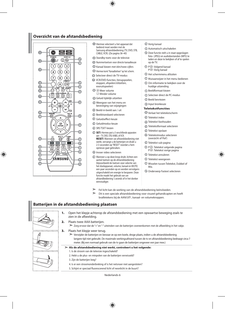 Overzicht van de afstandsbediening, Batterijen in de afstandsbediening plaatsen | Samsung LE46N71B User Manual | Page 140 / 313