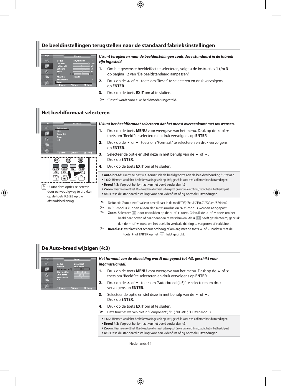 Het beeldformaat selecteren, De auto-breed wijzigen (4:3) | Samsung LE46N71B User Manual | Page 148 / 313