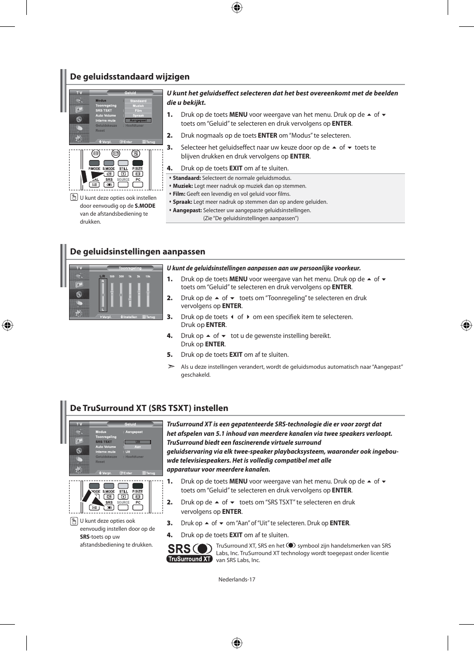 De geluidsstandaard wijzigen, De geluidsinstellingen aanpassen, De trusurround xt (srs tsxt) instellen | Samsung LE46N71B User Manual | Page 151 / 313