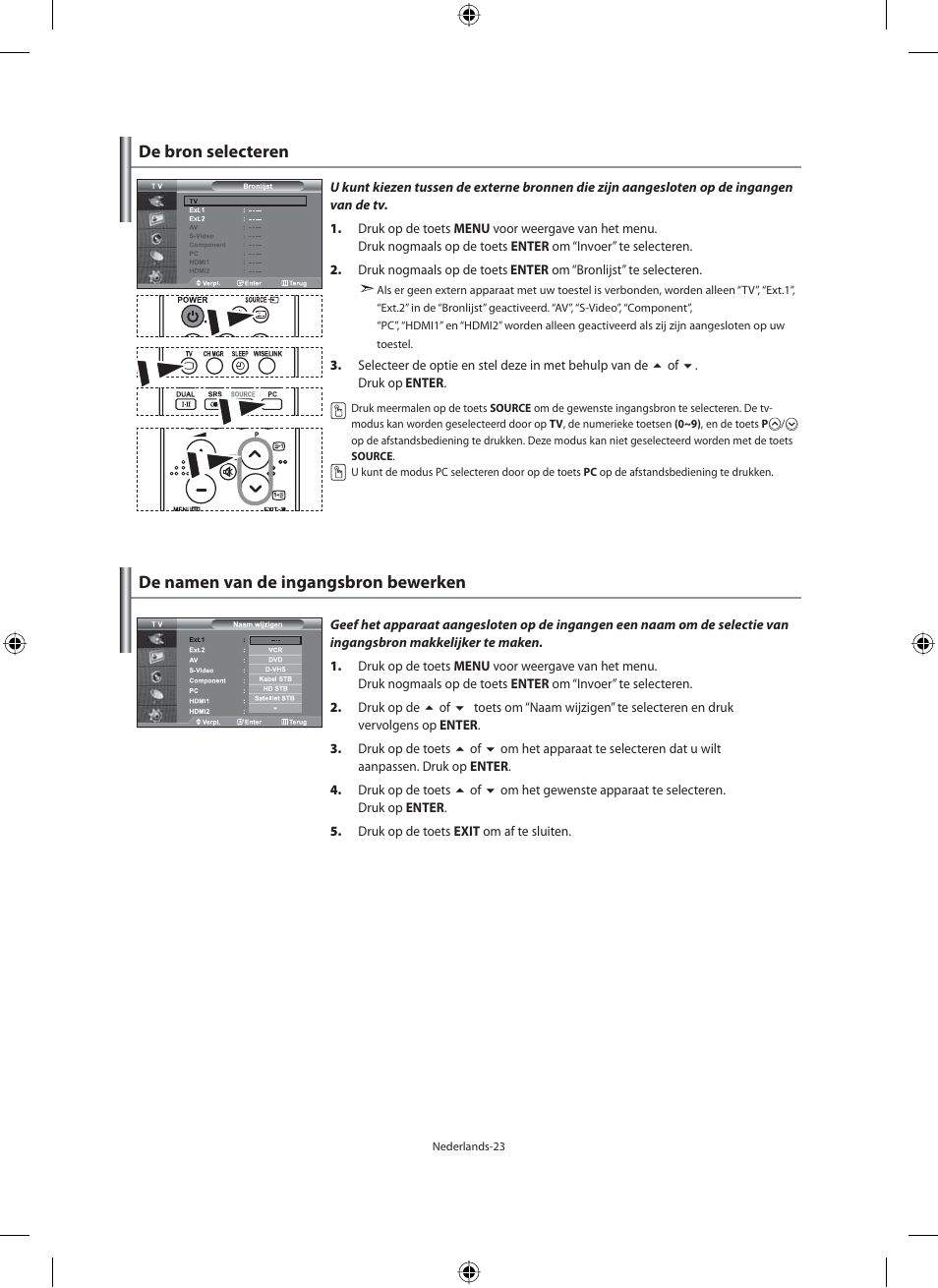 De bron selecteren, De namen van de ingangsbron bewerken | Samsung LE46N71B User Manual | Page 157 / 313