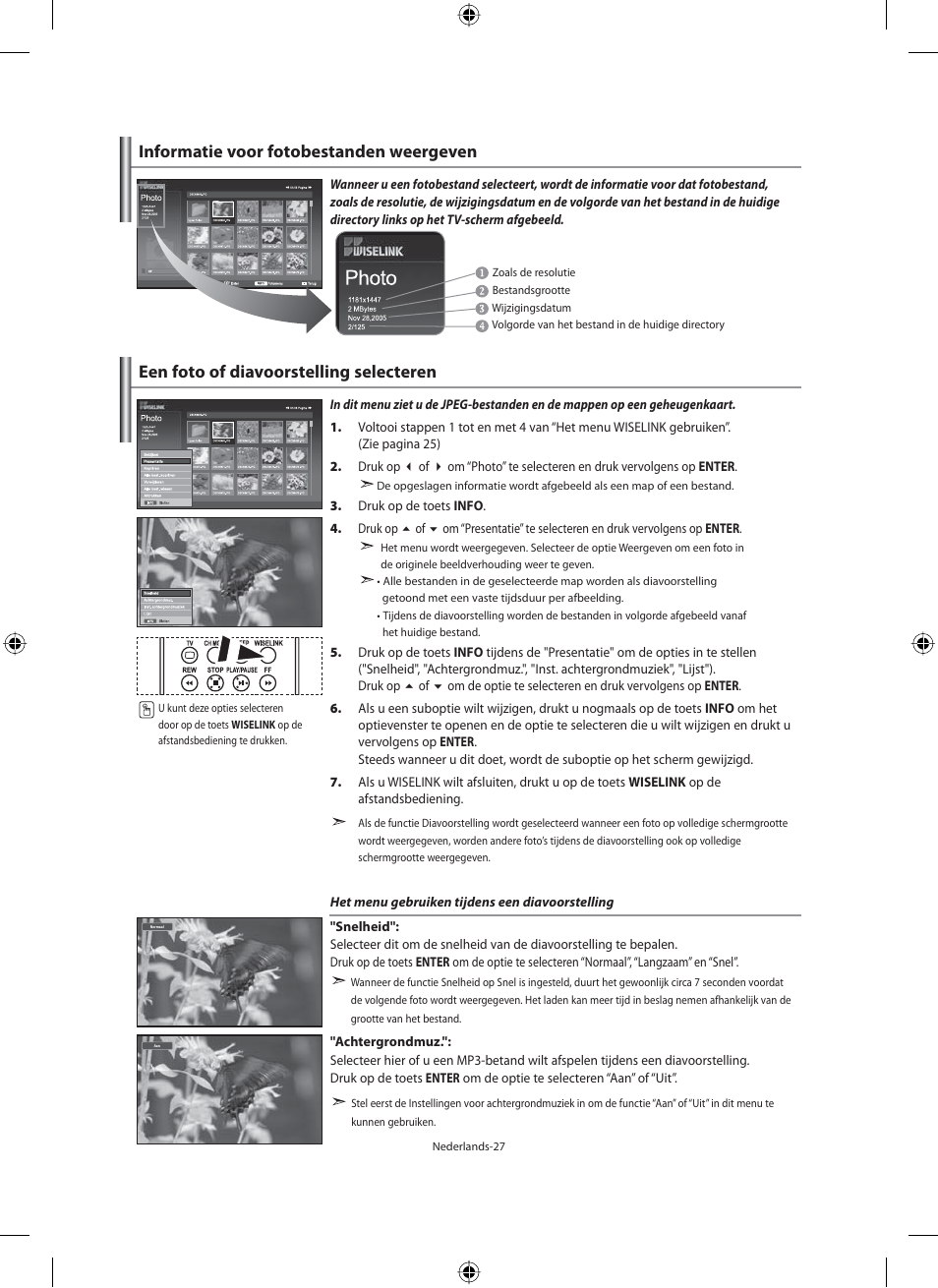 Een foto of diavoorstelling selecteren, Informatie voor fotobestanden weergeven | Samsung LE46N71B User Manual | Page 161 / 313