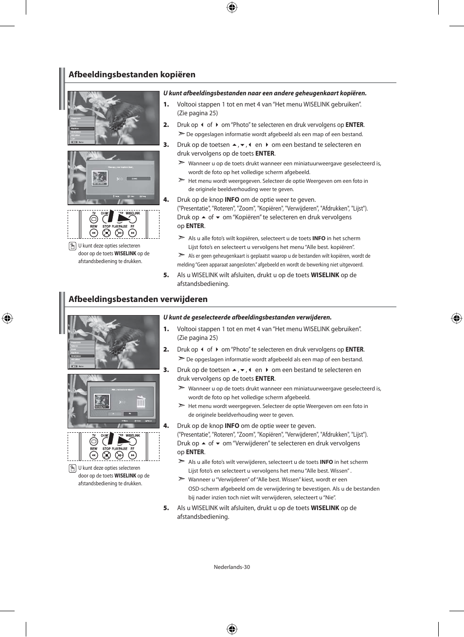 Afbeeldingsbestanden kopiëren, Afbeeldingsbestanden verwijderen | Samsung LE46N71B User Manual | Page 164 / 313