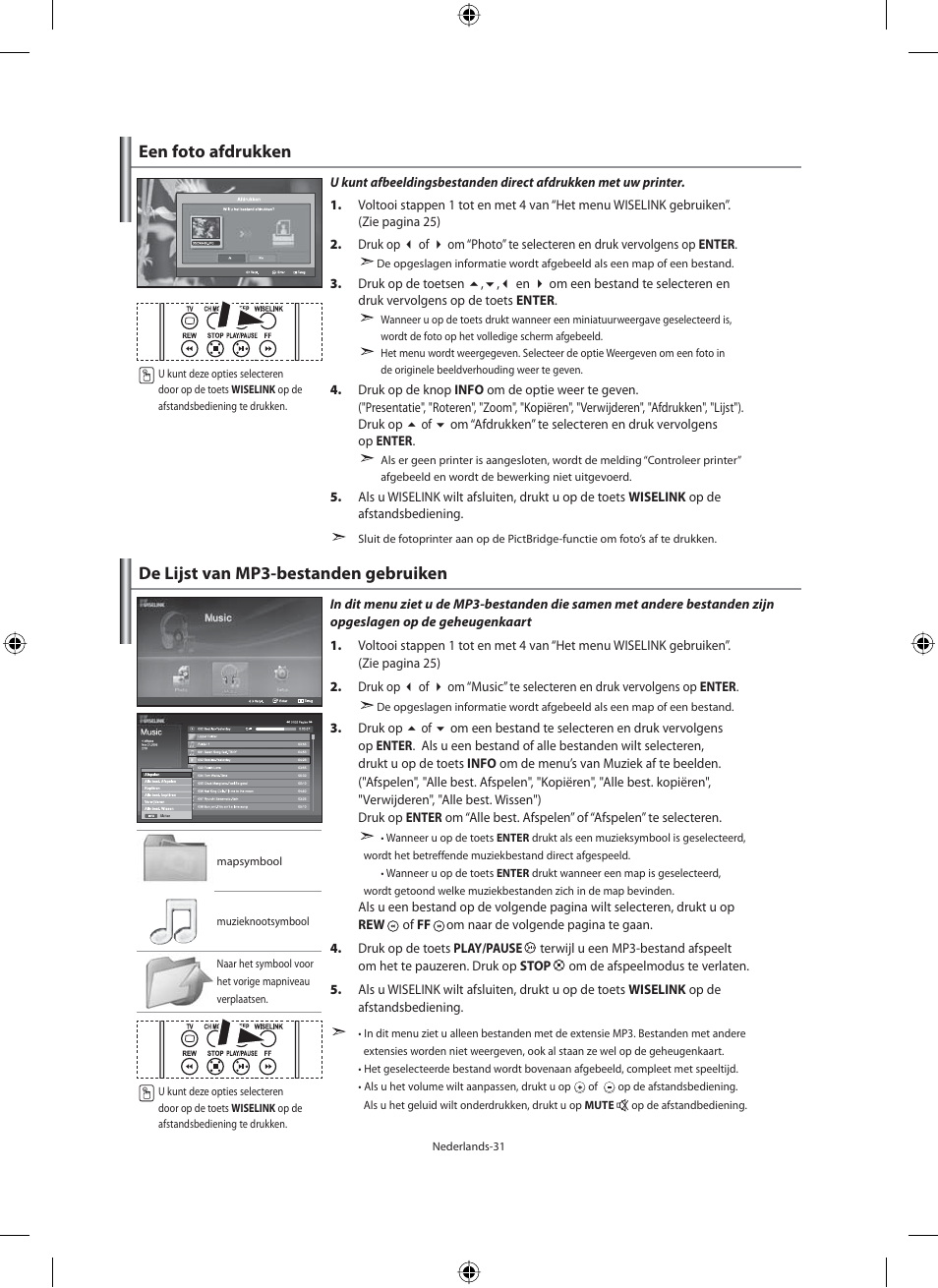 De lijst van mp3-bestanden gebruiken, Een foto afdrukken | Samsung LE46N71B User Manual | Page 165 / 313