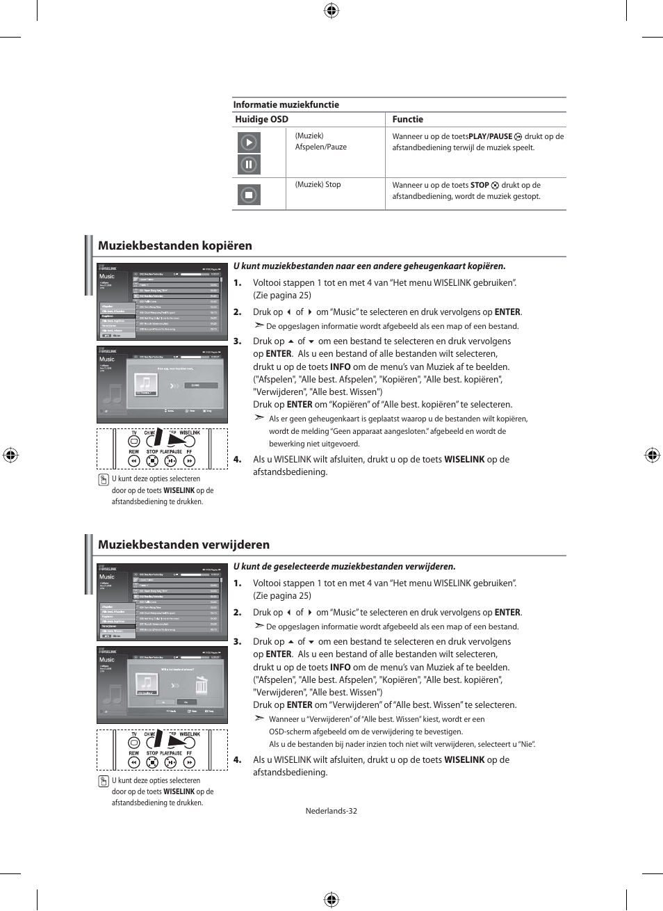 Muziekbestanden kopiëren, Muziekbestanden verwijderen | Samsung LE46N71B User Manual | Page 166 / 313