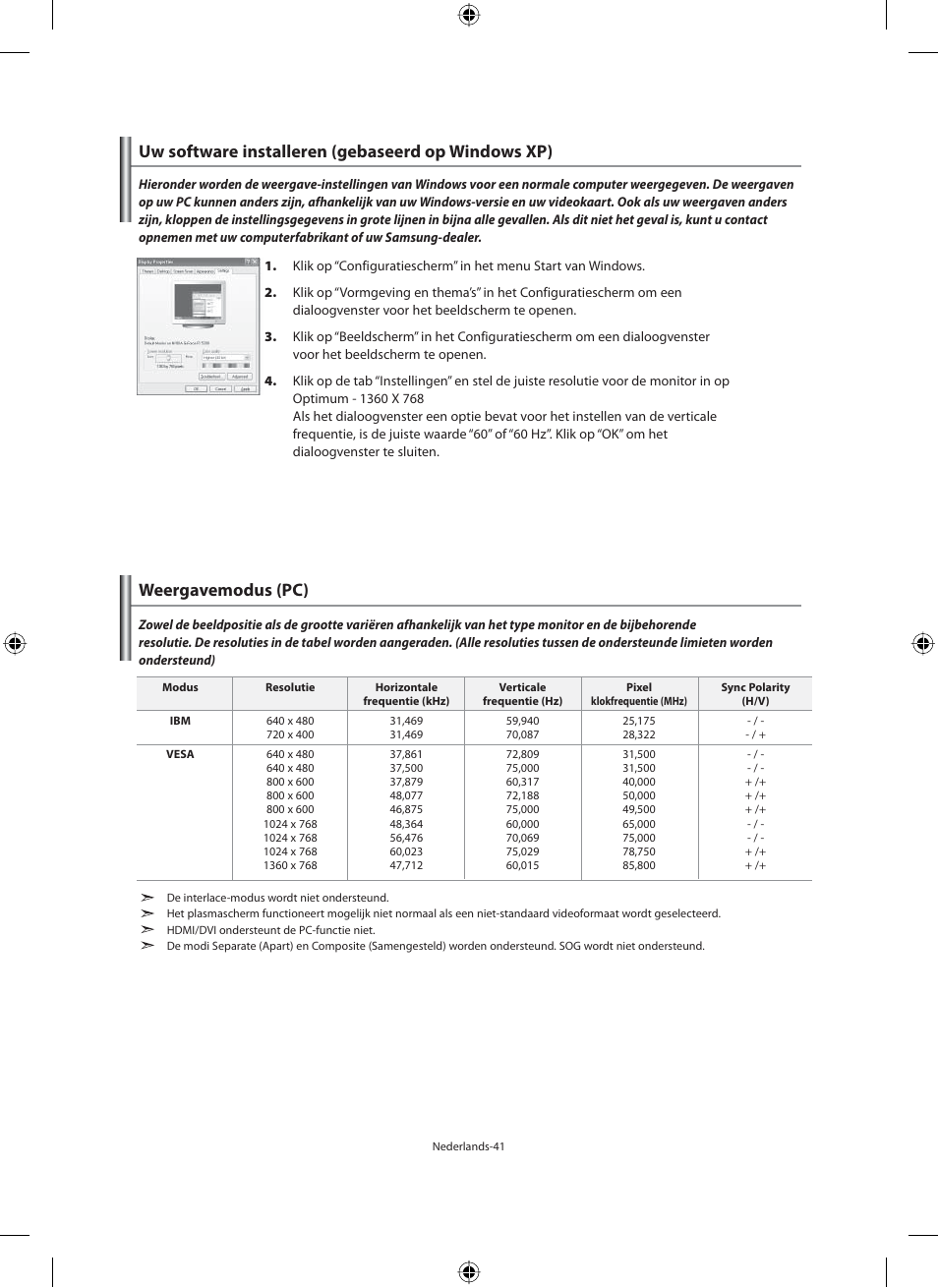 Uw software installeren (gebaseerd op windows xp), Weergavemodus (pc) | Samsung LE46N71B User Manual | Page 175 / 313