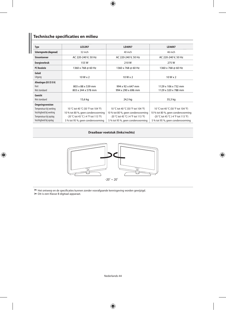 Technische specificaties en milieu | Samsung LE46N71B User Manual | Page 178 / 313