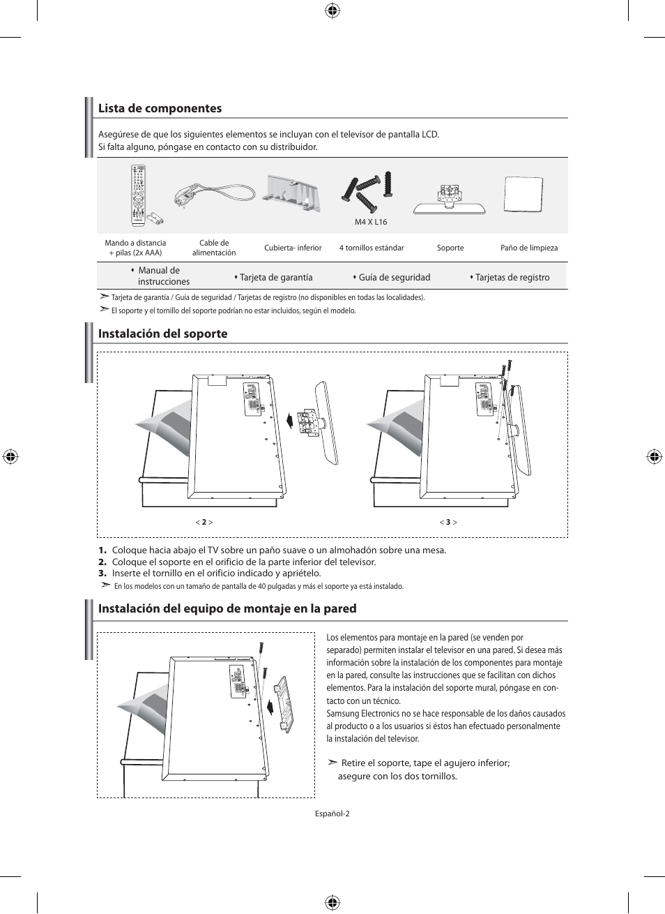 Lista de componentes, Instalación del equipo de montaje en la pared, Instalación del soporte | Samsung LE46N71B User Manual | Page 180 / 313