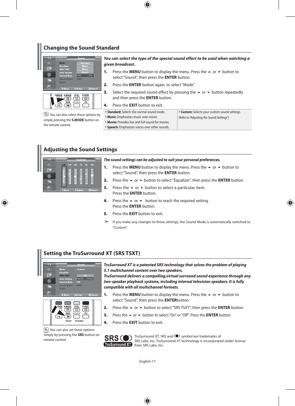Setting the sound, Changing the sound standard, Adjusting the sound settings | Setting the trusurround xt (srs tsxt) | Samsung LE46N71B User Manual | Page 19 / 313