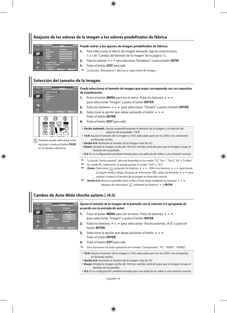 Selección del tamaño de la imagen, Cambio de auto wide (ancho autom.) (4:3) | Samsung LE46N71B User Manual | Page 192 / 313