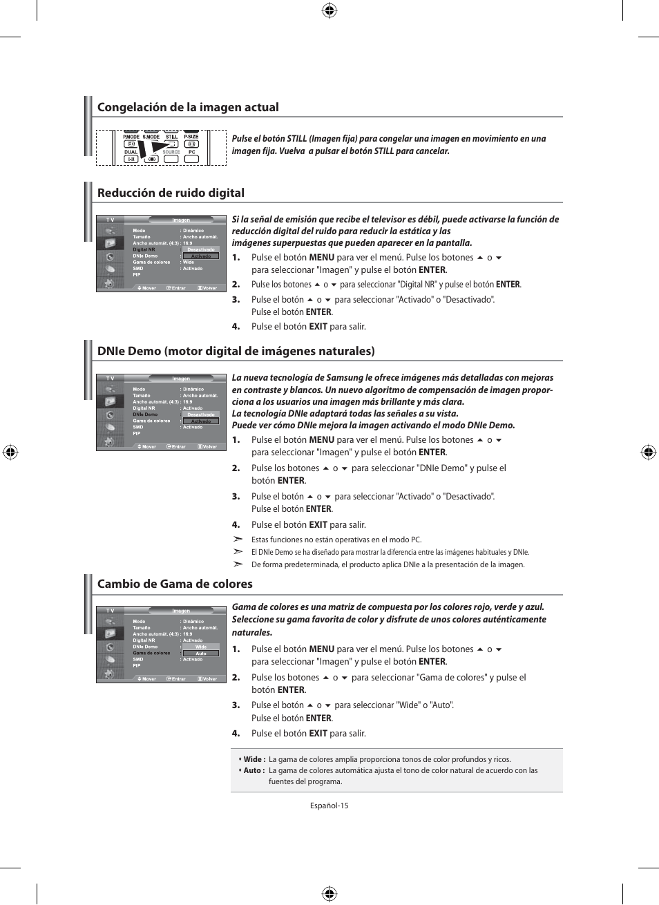 Congelación de la imagen actual, Reducción de ruido digital, Dnie demo (motor digital de imágenes naturales) | Cambio de gama de colores | Samsung LE46N71B User Manual | Page 193 / 313